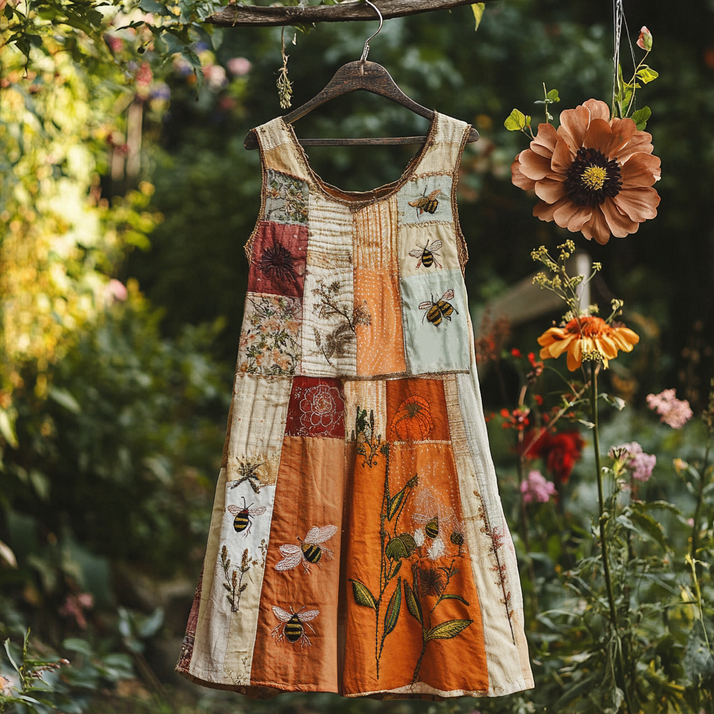 Women's Vintage Wildflowers And Bees Art Embroidery Short Dress artswardrobe