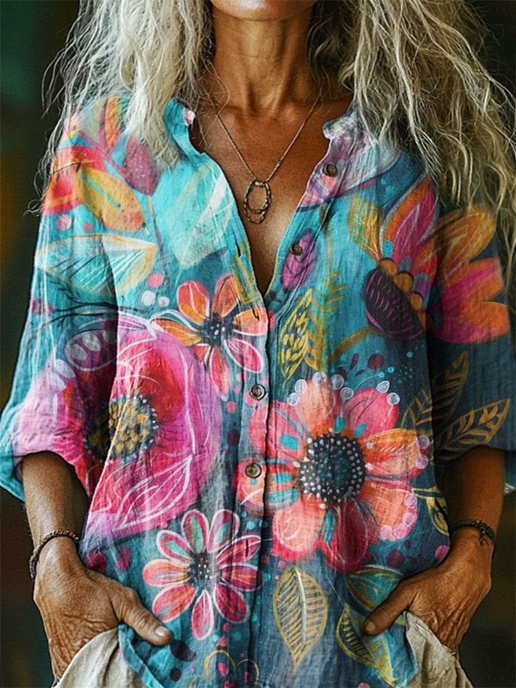 Women's Vintage Floral Pattern Art Print Casual Cotton Linen Shirt