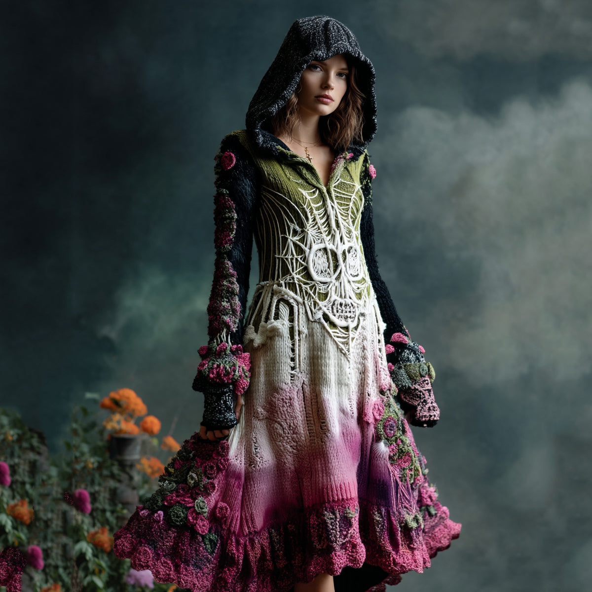 Women's Vintage Skull Woven Gradient Floral Hooded Sweater Dress artswardrobe