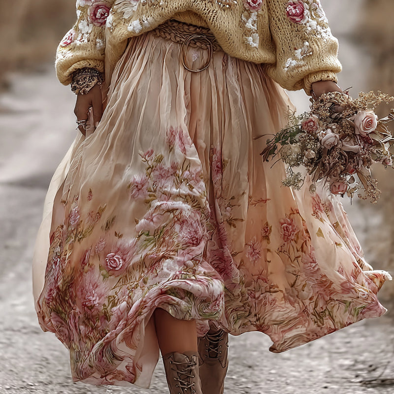 Classic Rose In Gradient Yellow Art Cozy Knit Round Neck Sweater And Linen Skirt Two-piece Set artswardrobe