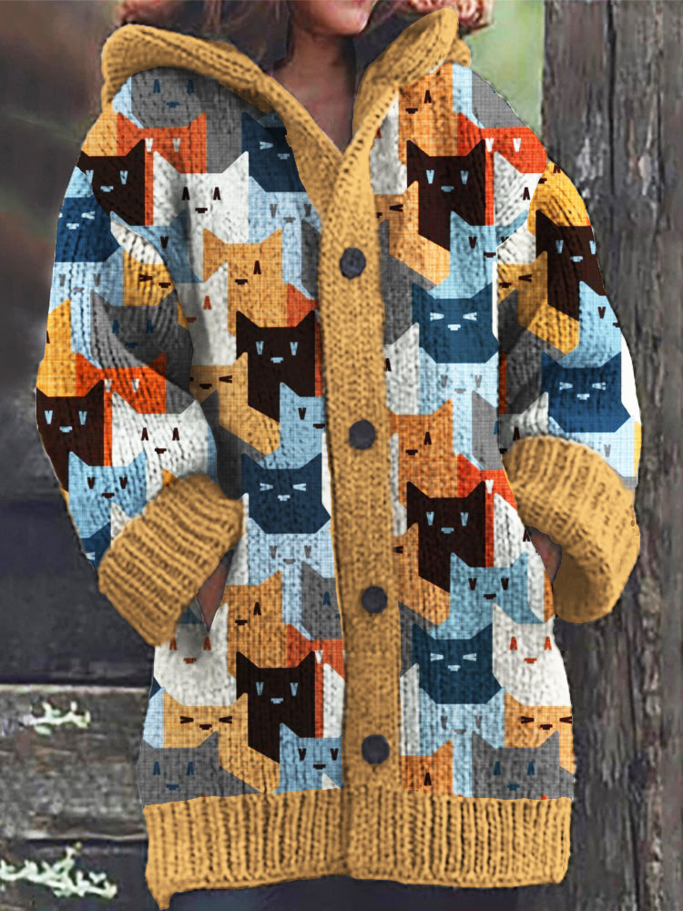 Colorful Cat Pattern Women's Hooded Cardigan elevenforest