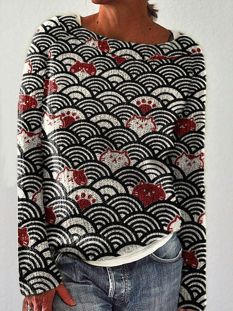 Japanese Art Wave and Cat Print Vintage Sweater elevenforest