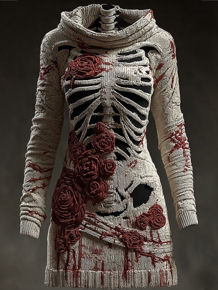 Halloween Skull Floral Knitted Warm Hooded Sweater artswardrobe