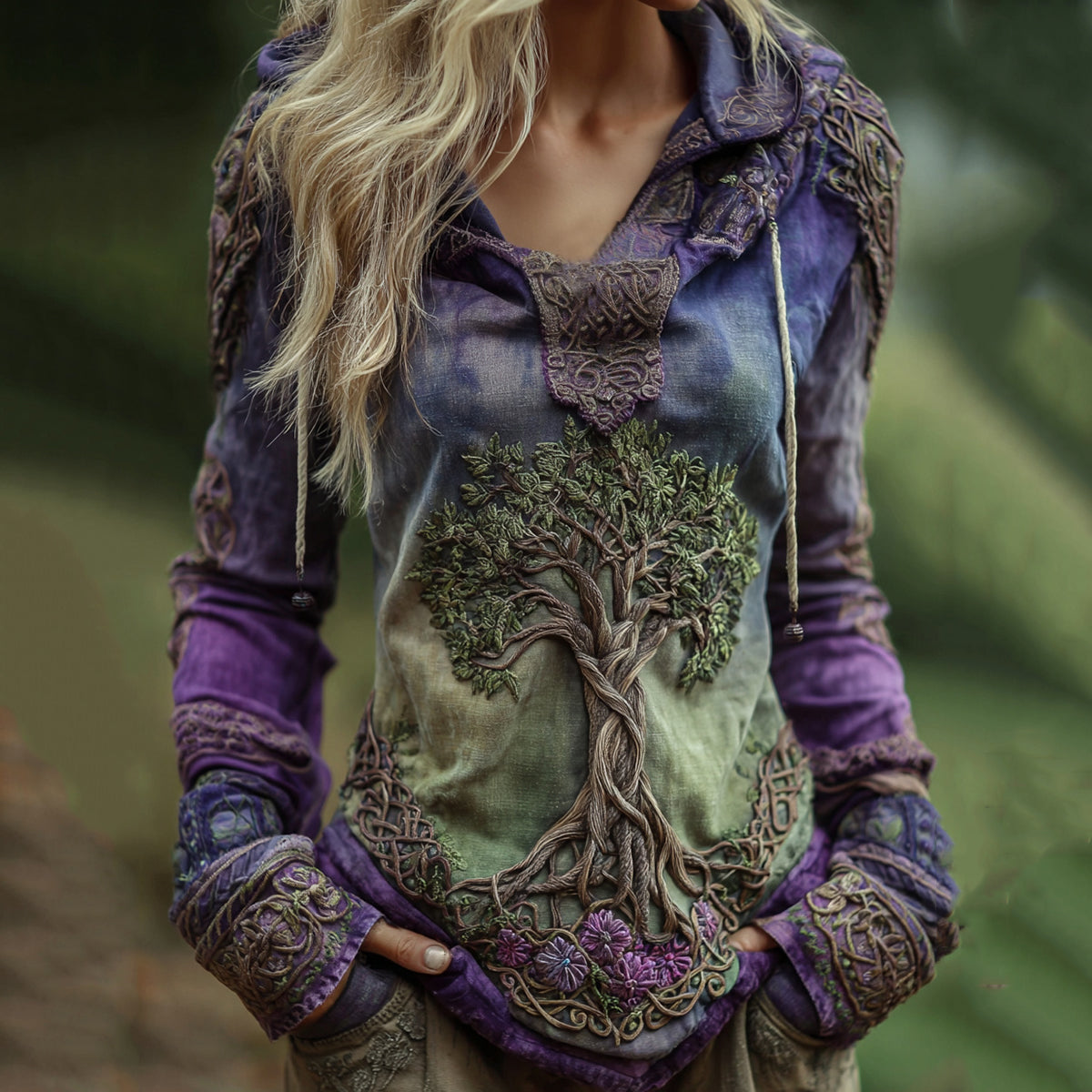Women's Viking Tree Of Life Art Gradient Comfort Hooded Linen Shirt artswardrobe