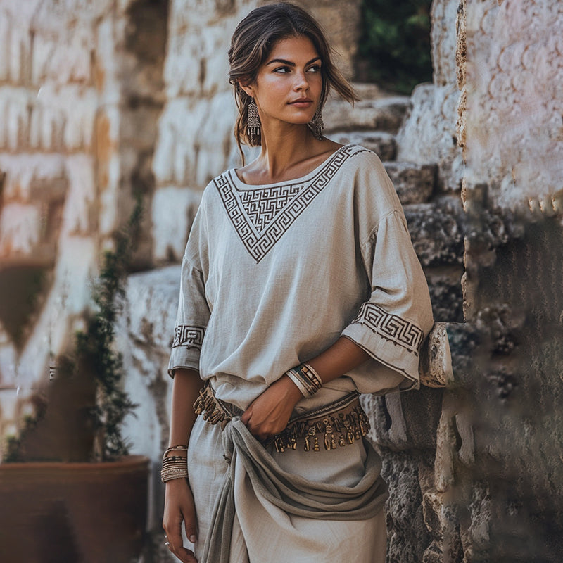 Retro Greca Pattern Crew Neck Linen Blend T-shirt artswardrobe