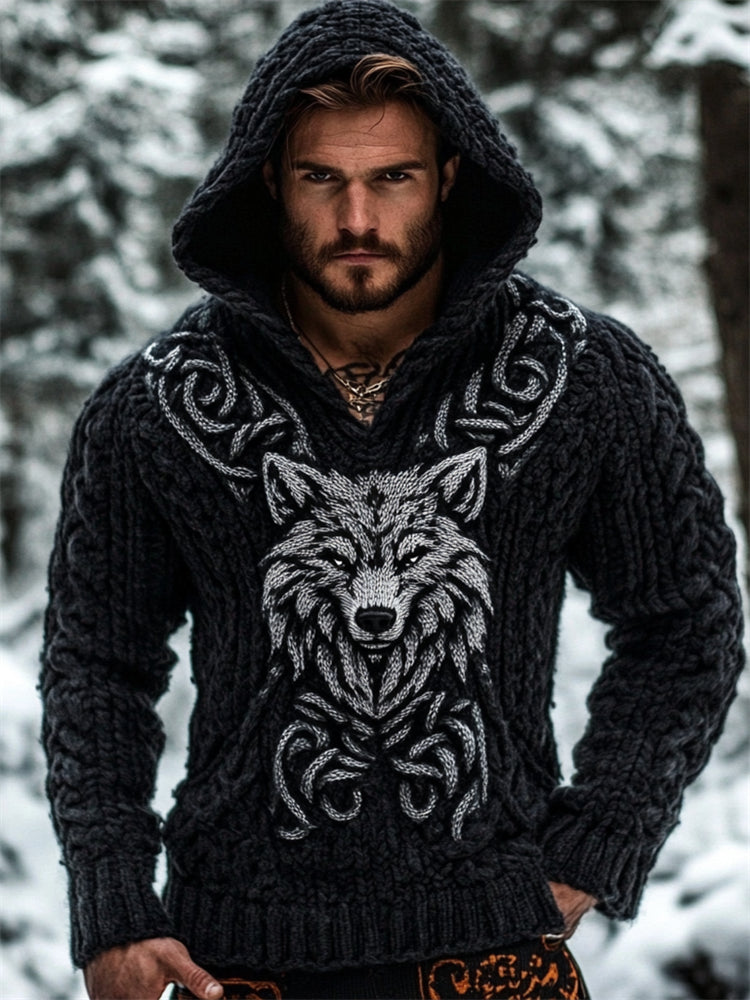 Men's Viking Wolf Celtic Chunky Hooded Sweater artswardrobe