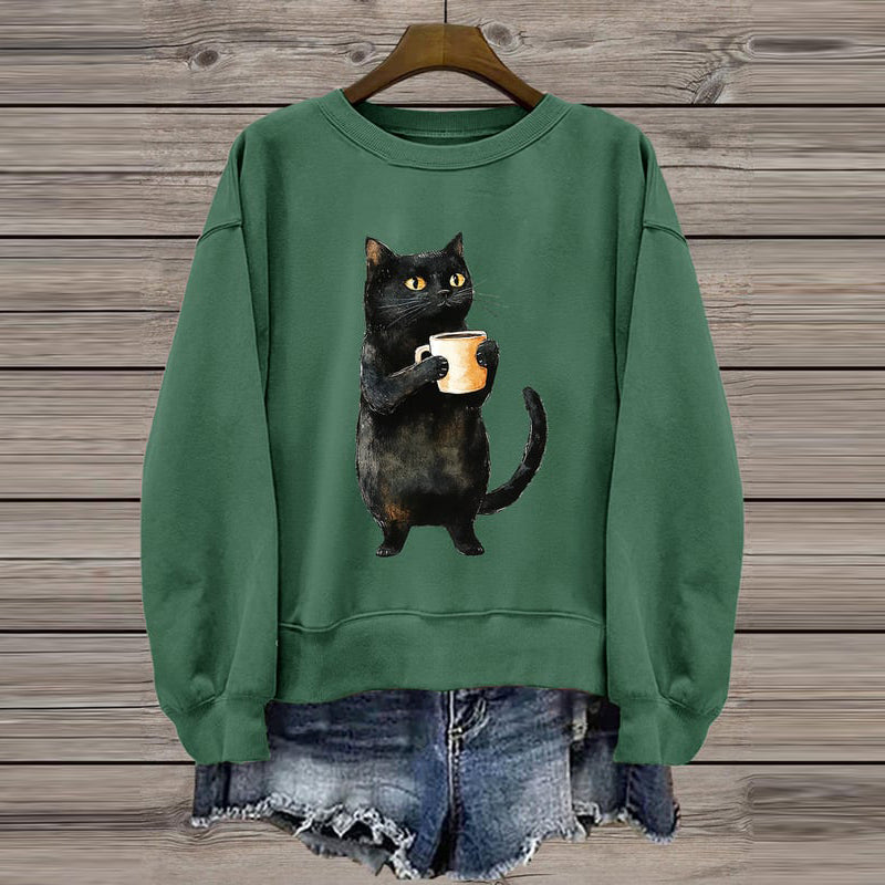 Women's Cute Black Cat Print Casual Sweatshirt elevenforest