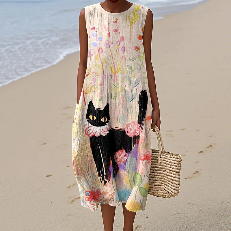Women's Vintage Floral Cat Art Cotton And Linen Dress elevenforest