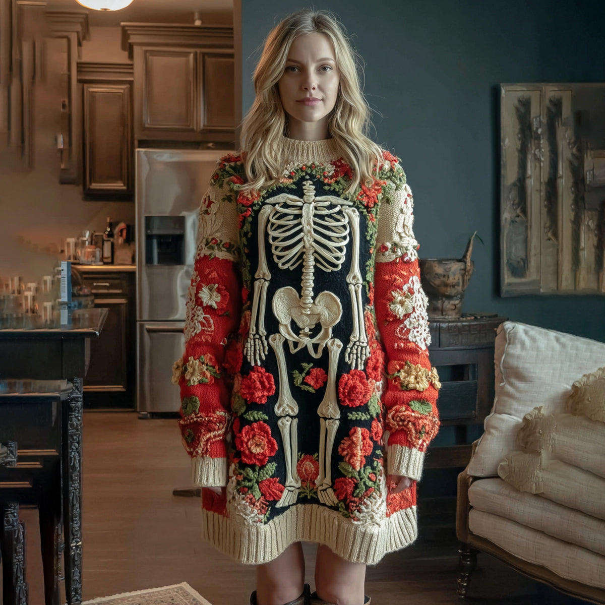 Women's Halloween Skull Flower Art Cozy Knit Sweater Mini Dress artswardrobe