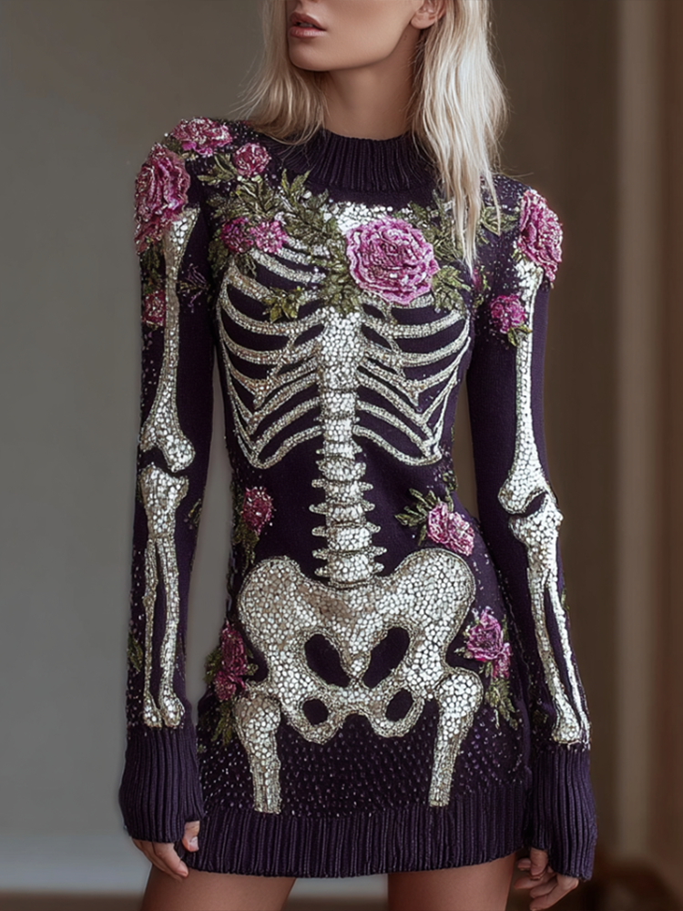 Woman's Round-necked Knitted Sweater Dress With A Skeleton Design Combined With Plant And Flower Patterns For Halloween. artswardrobe