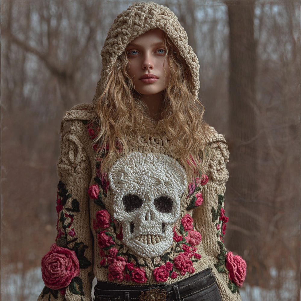 Women Halloween Pink Vintage Mysterious Pink Fairy Rose Skull Hooded Sweater artswardrobe