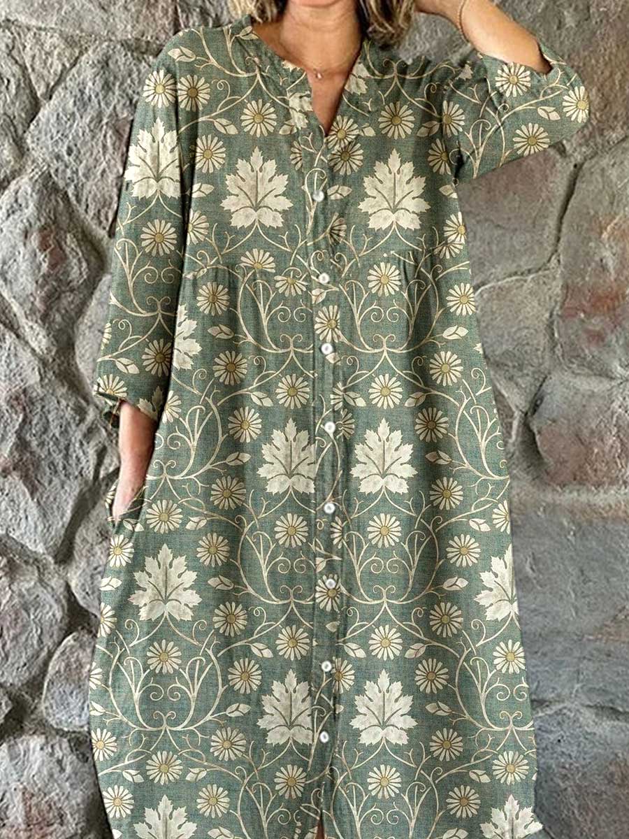 Women's Retro Floral Pattern Cotton Shirt Dress
