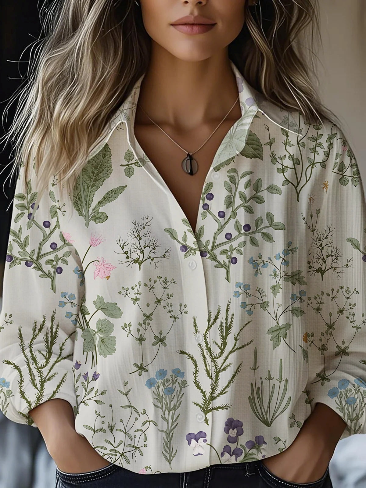 Women's Botanical Art Print Casual Cotton Shirt