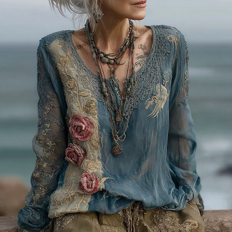 Comstylish Women's Vintage Rose Floral Embroidery Linen Shirt