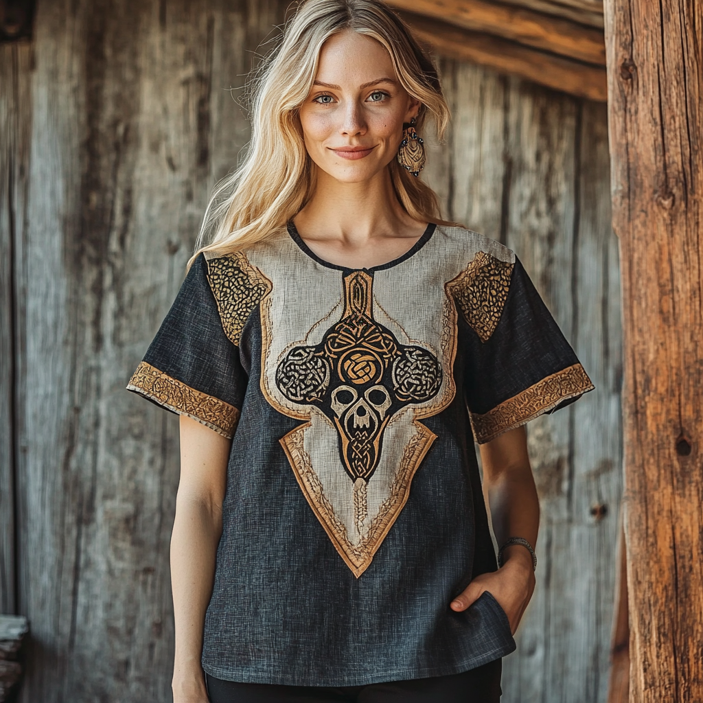 Women's Viking Skull Celtic Knot Art Linen T-shirt artswardrobe