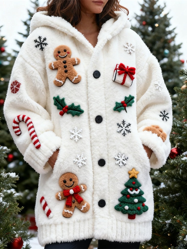 Winter Christmas Elements Design Women's Hooded Plush Cardigan