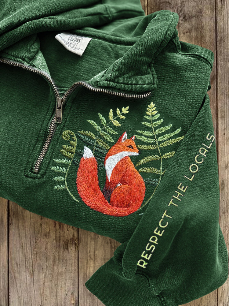 Respect The Locals Fox Fern Embroidered Zip Up Sweatshirt artswardrobe