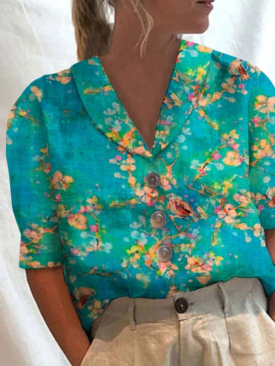 Women Retro Floral Print Casual Shirt