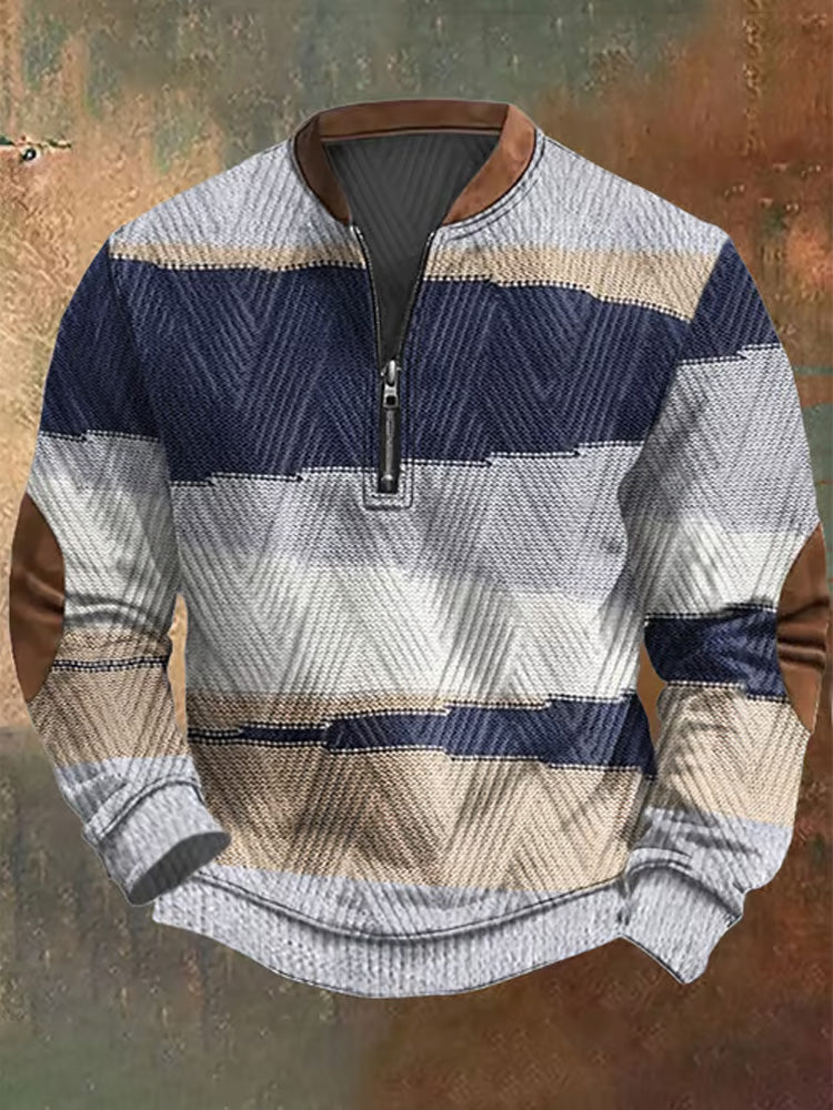 Men's Retro Western Design Jacquard Fabric Zipper Neck Sweatshirt artswardrobe
