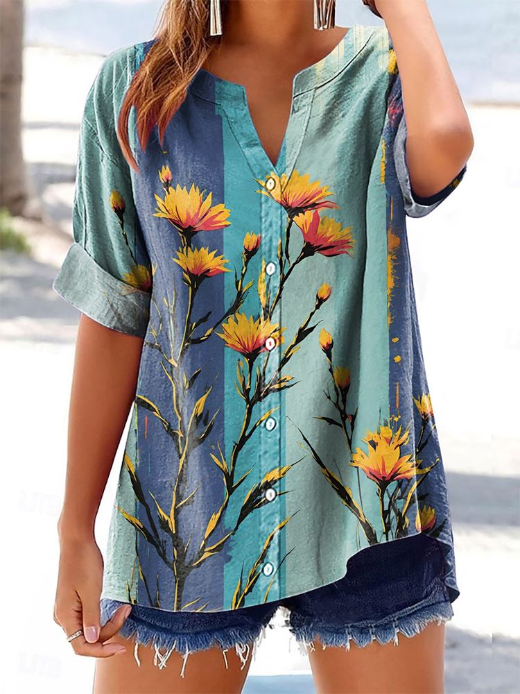 Women's Floral Pattern Art Print Cotton Linen Casual Shirt