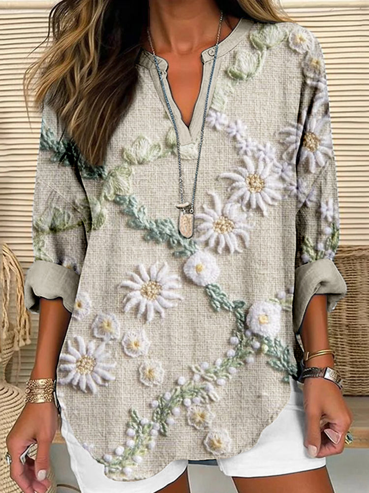 Comstylish Vintage Floral Embroideryed Linen Blend Cozy Shirt