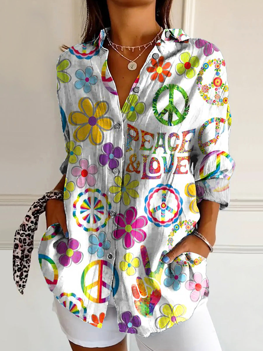 Women's Hippie Peace Love Floral Art Print Casual Cotton Shirt