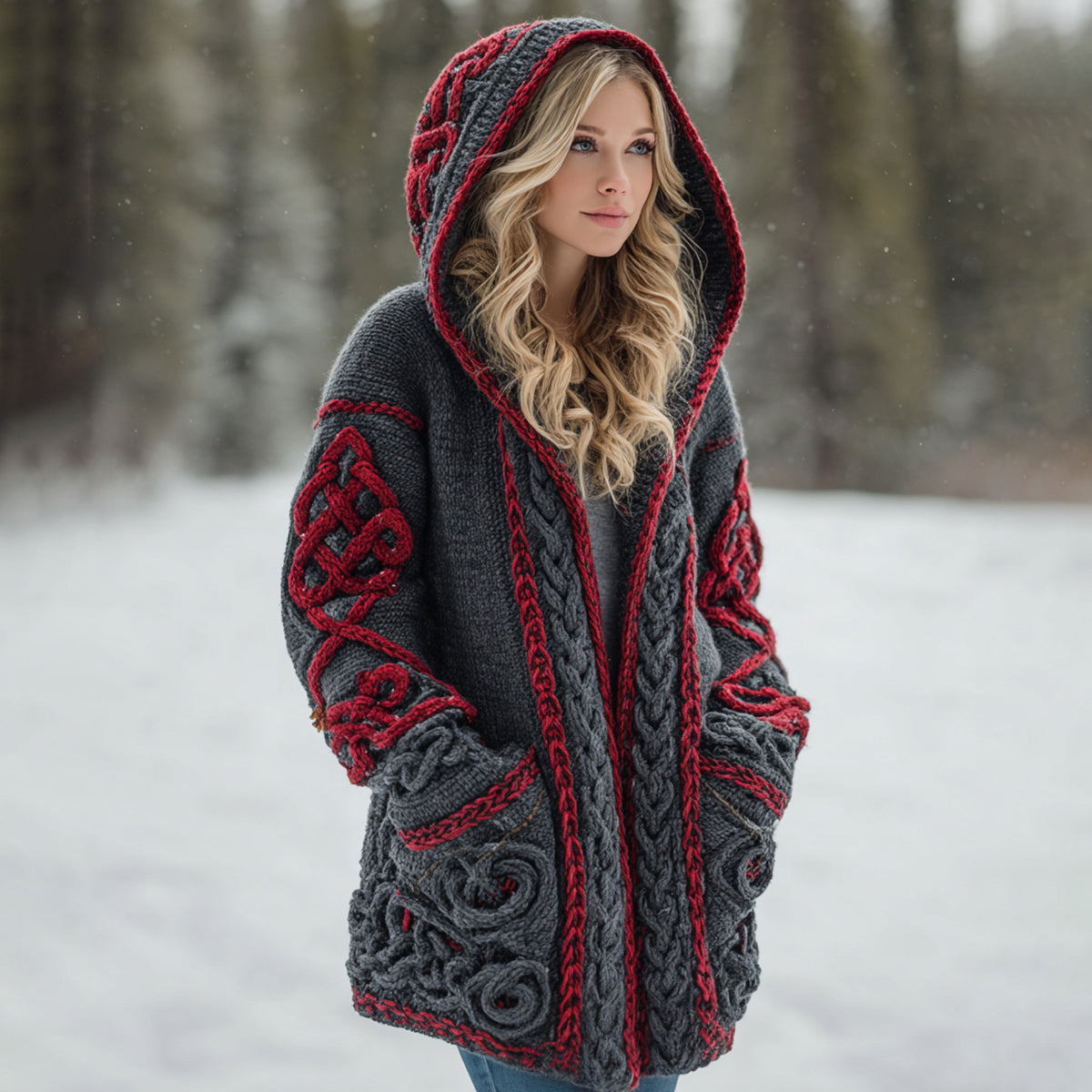 Women's Viking Celtic Knot Art Warm Knit Hooded Jacket artswardrobe