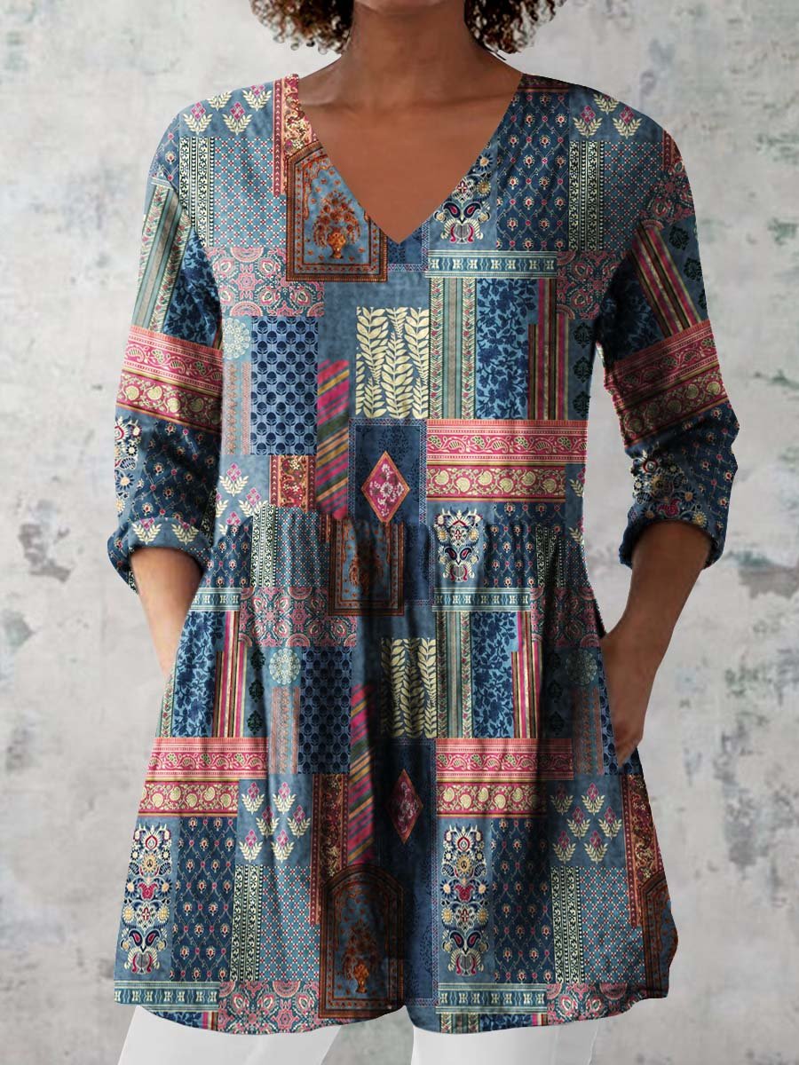 Women's Retro Floral Art Print Casual Cotton And Linen V-neck Top