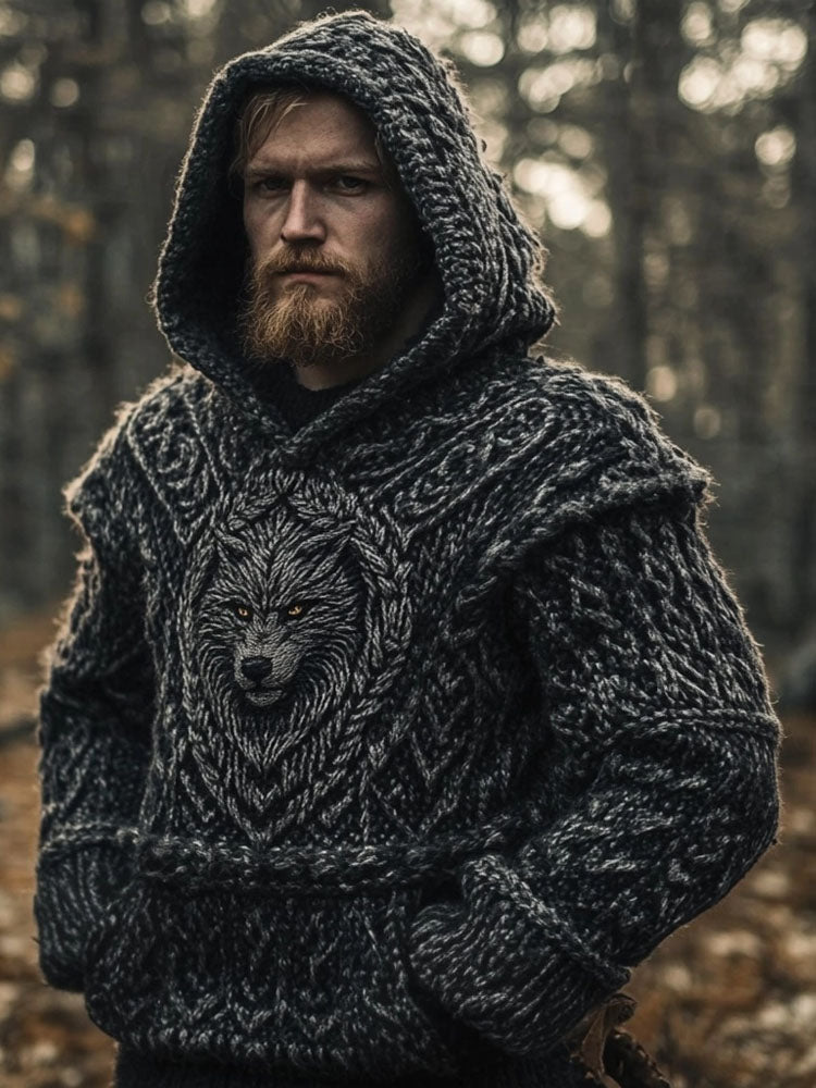 Men's Wolf Inspired Viking Celtic Jacquard Chunky Hooded Sweater elevenforest