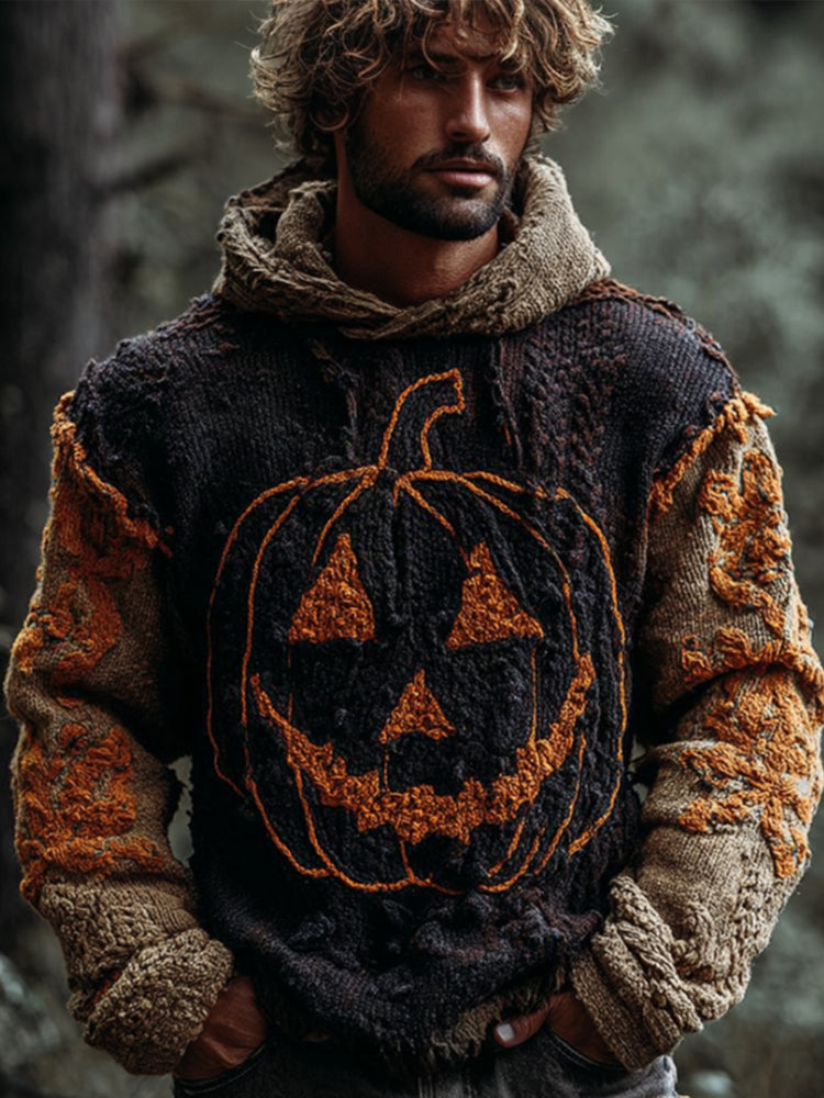 Men's Halloween Line Pumpkin Color Blocked Vintage Hooded Warm Sweater artswardrobe