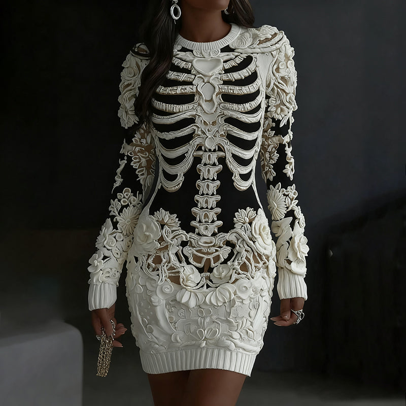 Women's Halloween Skull Floral Pattern Art Cozy Knit Mini Sweater Dress artswardrobe