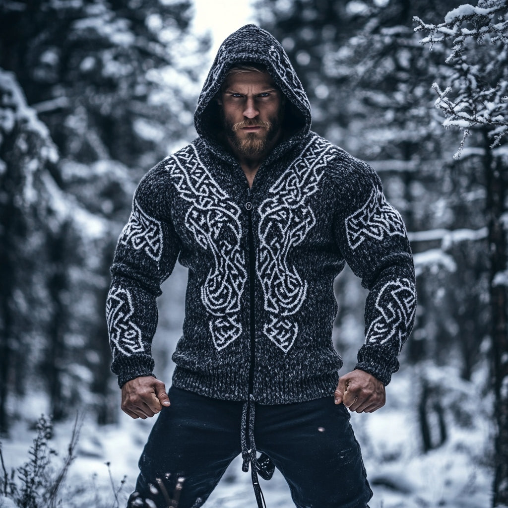 Viking Dragon Graphic Knitted Zip-up Hooded Sweater artswardrobe
