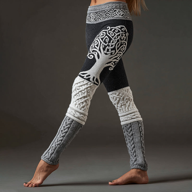 Women's Vintage Viking Tree Of Life Pattern Colorblock Cozy Leggings artswardrobe