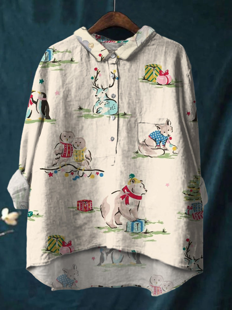 Simple Animal Deer Bear Printed Cotton And Linen Shirt