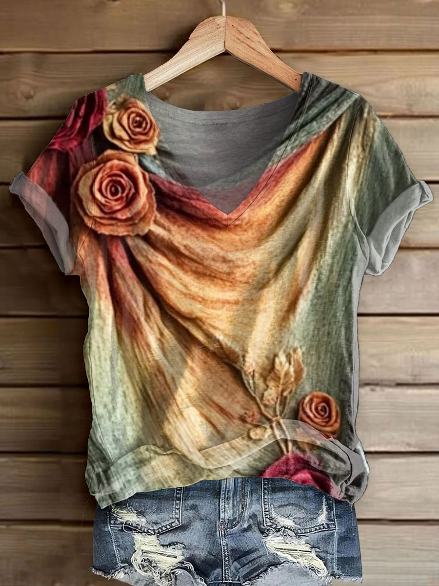 Women's Vintage Tie Dye Floral Art Print V-neck Casual T-Shirt
