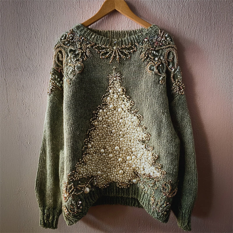 Elegant Christmas Tree Beaded Cozy Knit Sweater artswardrobe