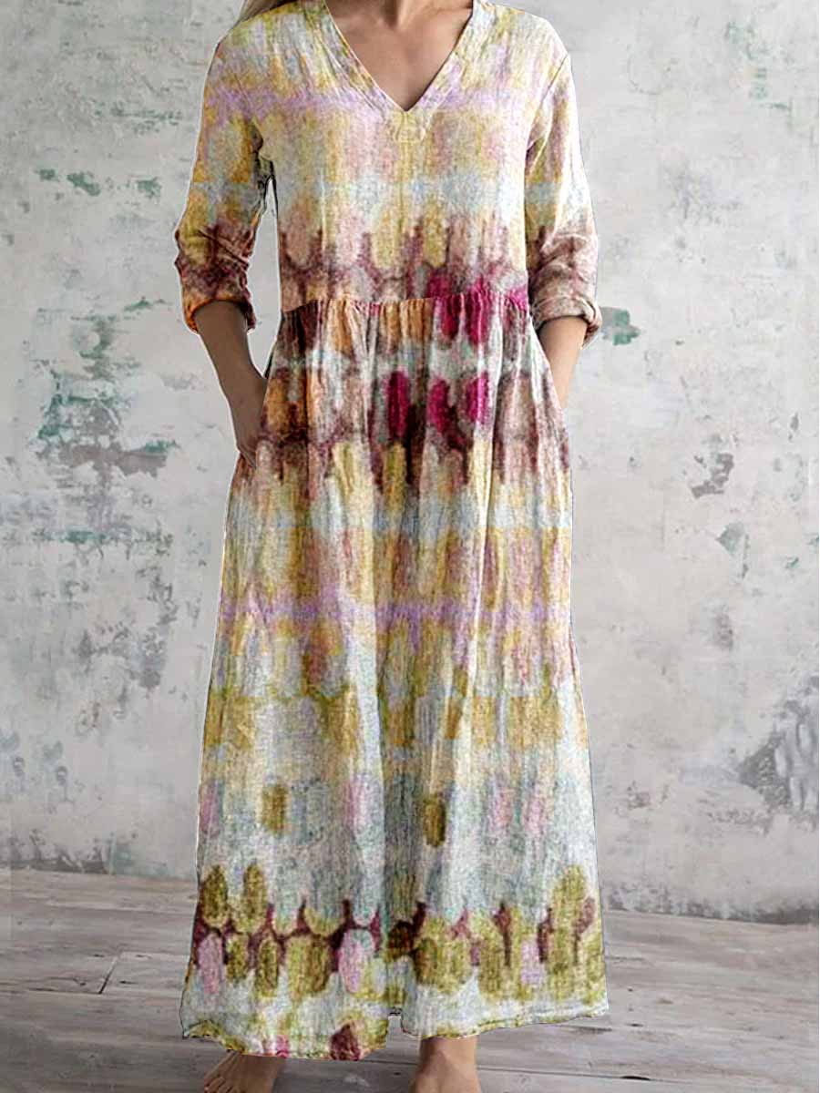 Women's V-Neck Artistic Color Pattern Cotton And Linen Dress