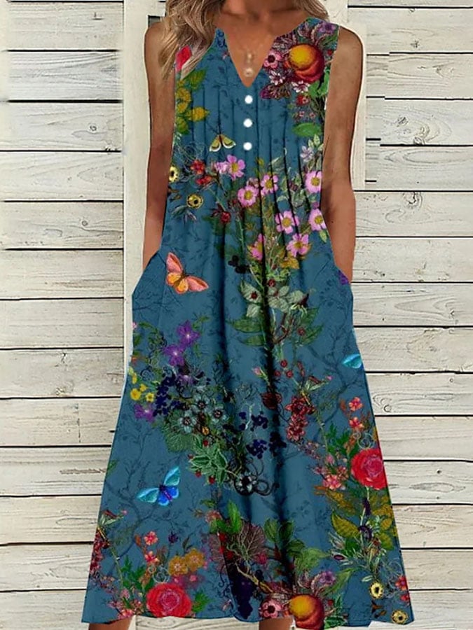 Casual Printed V-Neck Sleeveless Dress