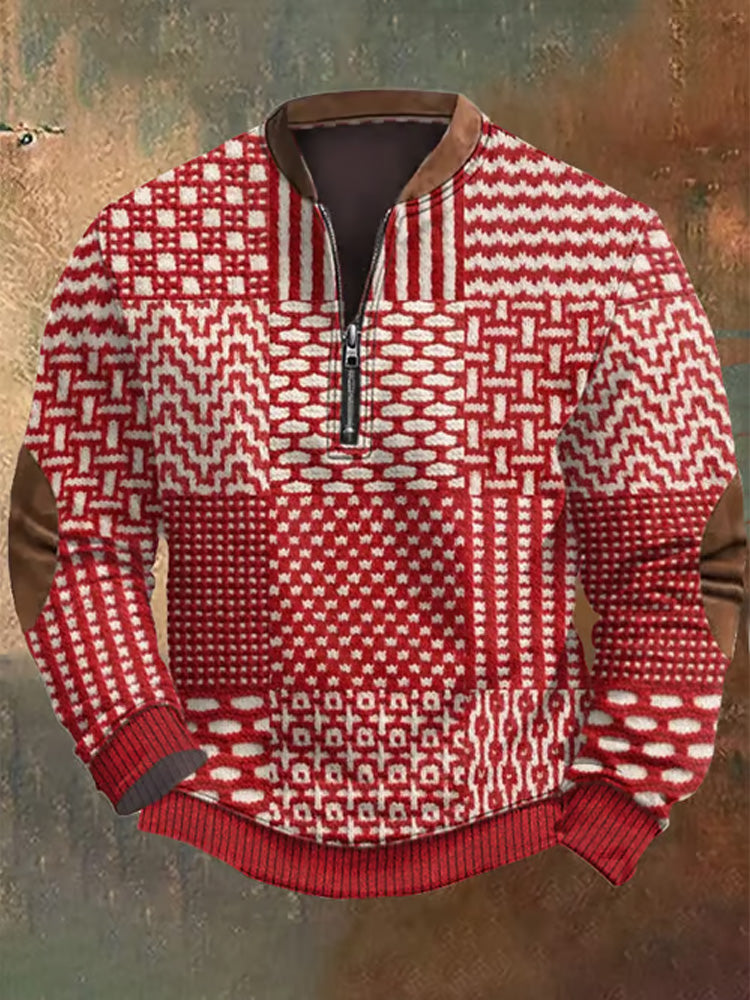 Men's Retro Western Textured Print Zip Collar Sweatshirt artswardrobe