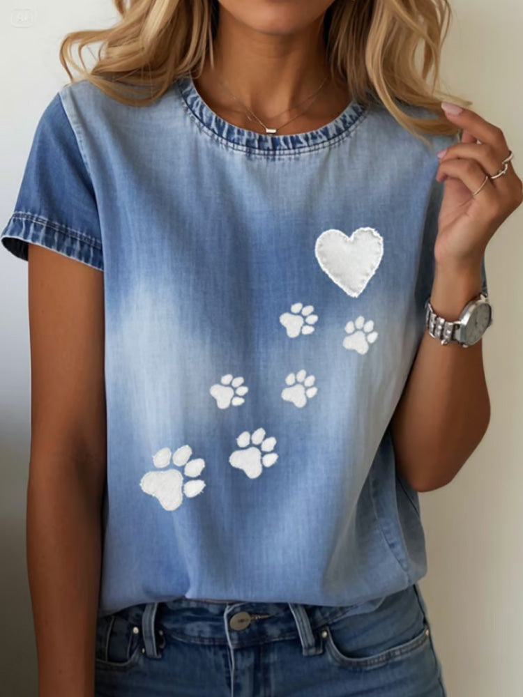 Comstylish Women's Denim Paw Print Short Sleeve T-shirt