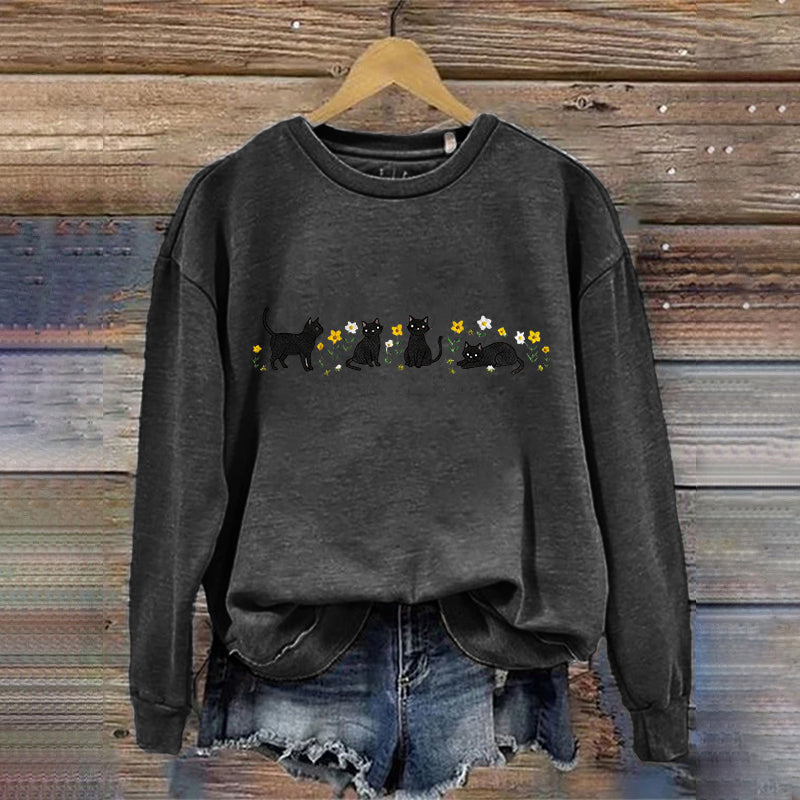 Women's Cute Floral Black Cat Embroidered Sweatshirt elevenforest