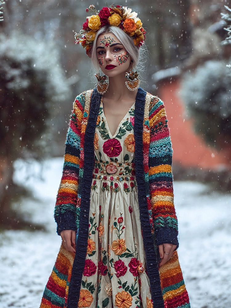 Vintage Mexican Inspired Colored Striped Sweater Cardigan artswardrobe