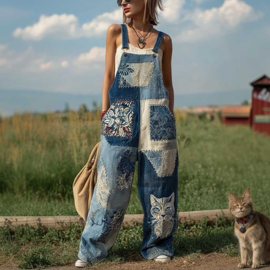 Japanese Art Style Cat And Plant Flower Pattern Embroidery Women's Cotton And Linen Overalls elevenforest