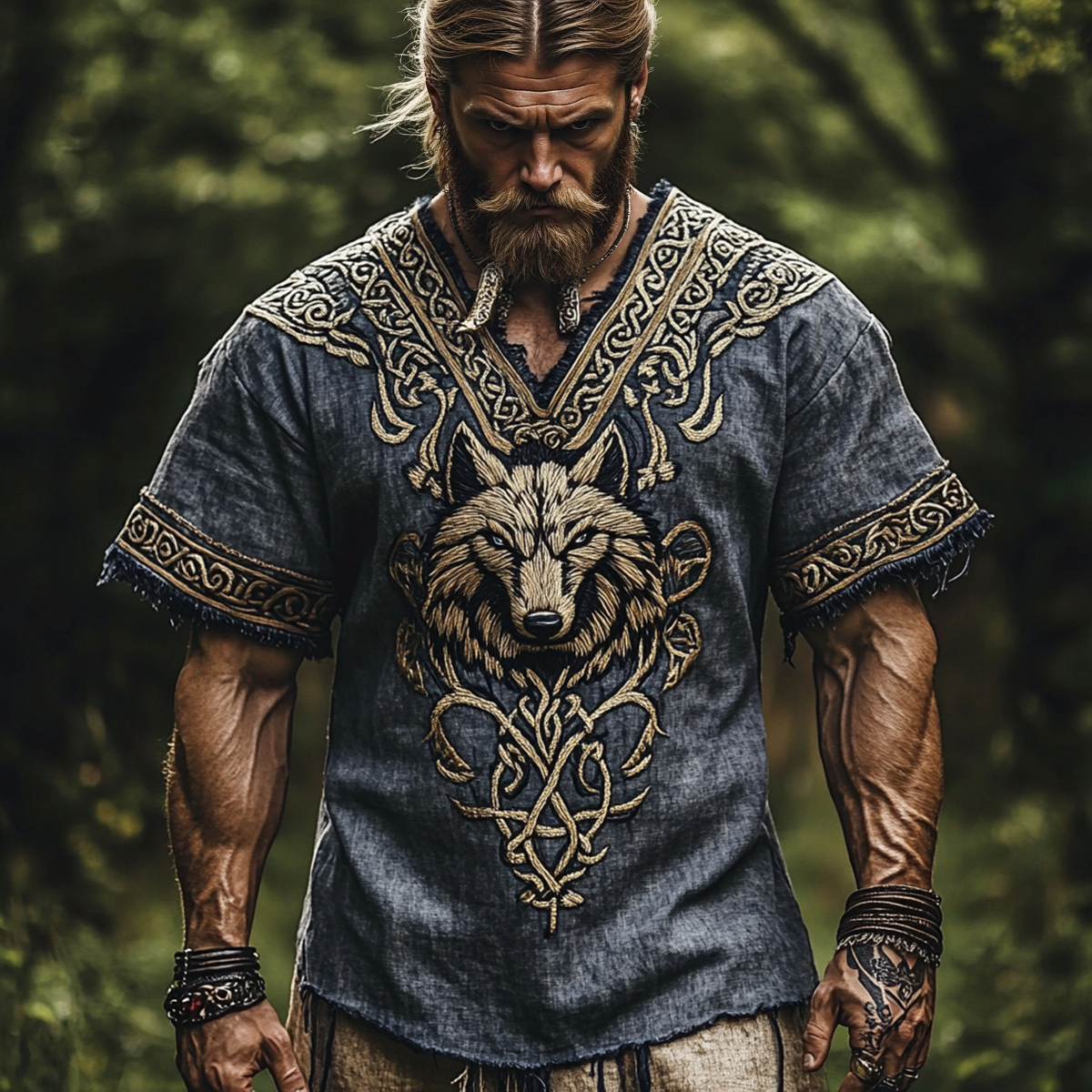 Vintage Viking Wolf Celtic Knot V-neck Linen T Shirt artswardrobe