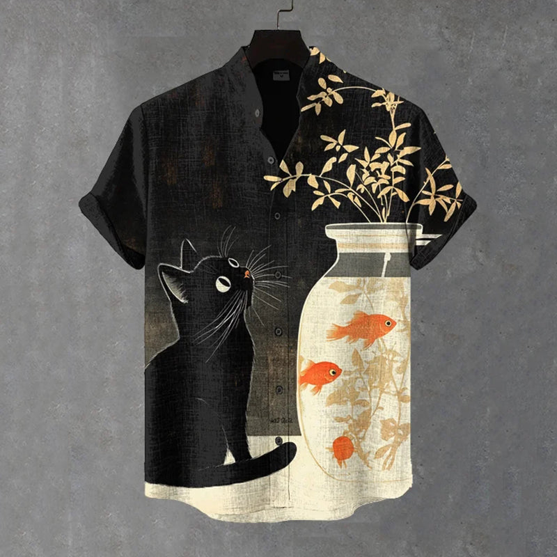 Men's Black Cat And Goldfish Art Print Short Sleeve Shirt elevenforest