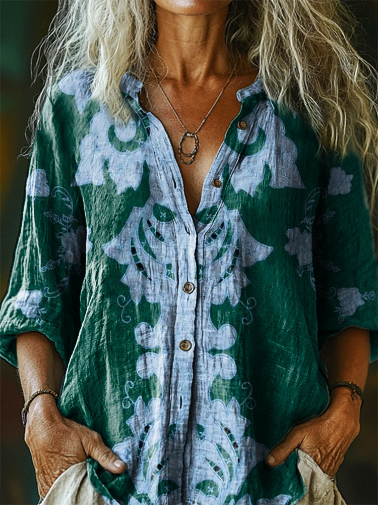 Women's Vintage Ethnic Floral Art Print Casual Cotton Linen Shirt