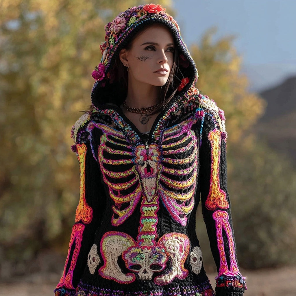 Comstylish Day Of The Dead Inspired Skeleton Cozy Knit Hooded Sweater