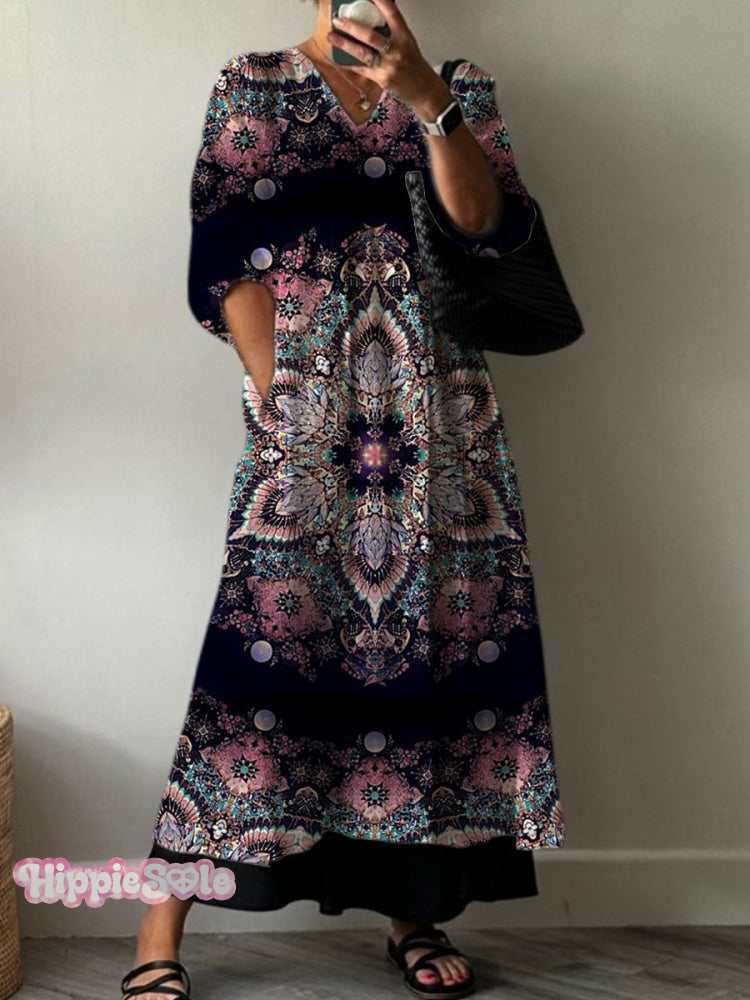 Women's Retro Art Symmetrical Ethnic Pattern Print Pocket V-neck Cotto