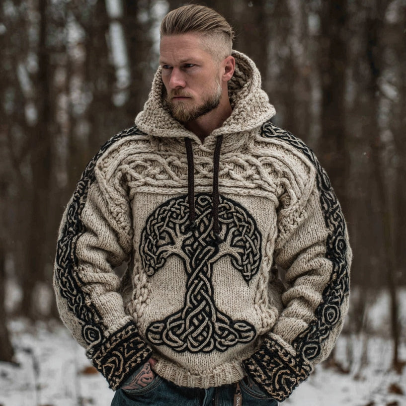Men's Viking Tree Of Life Art Celtic Knot Jacquard Knitted Hooded Sweater elevenforest