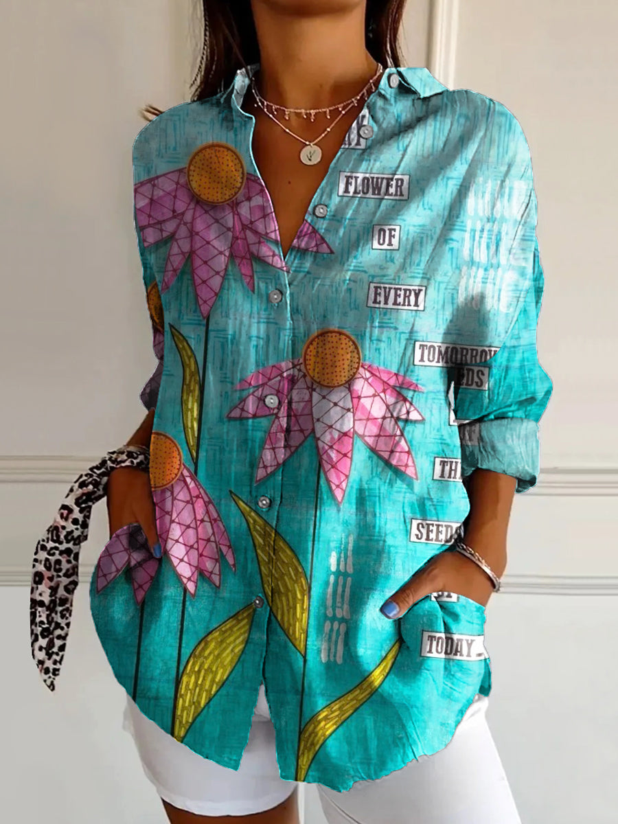 Women's Art Painting Fun Floral Art Print Stand Collar Long Sleeve Shi